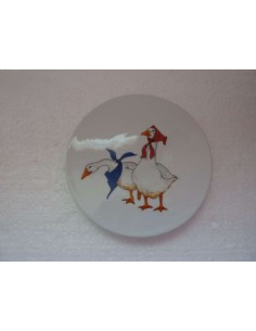 Dessous de plat rond peint à la main "les deux oies" - Porcelaine en Vendée