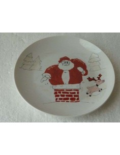 Grande assiette le père Noel sort de la cheminée - Porcelaine en Vendée