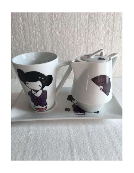 Ensemble tasse, verseuse et soucoupe rectangulaire japonais - Porcelaine en Vendée