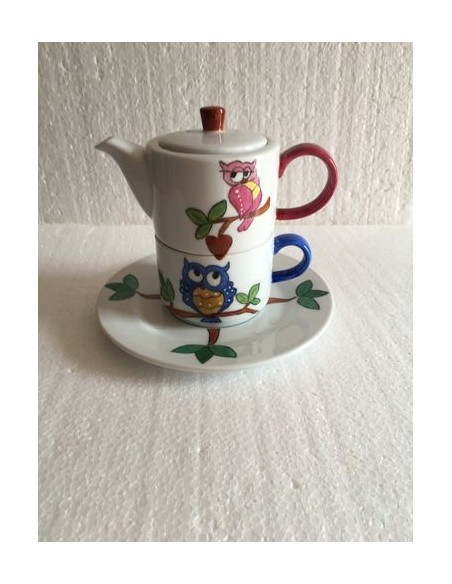 Théière solitaire  Les chouettes amoureuses- Porcelaine en Vendée