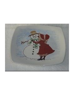 Grande assiette personnage de Noel la femme et le bonhomme de neige- Porcelaine en Vendée