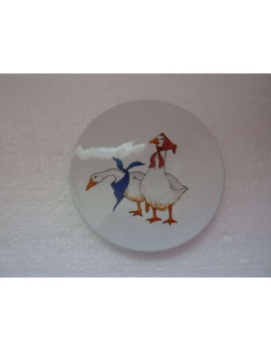 Dessous de plat rond peint à la main "les deux oies" - Porcelaine en Vendée